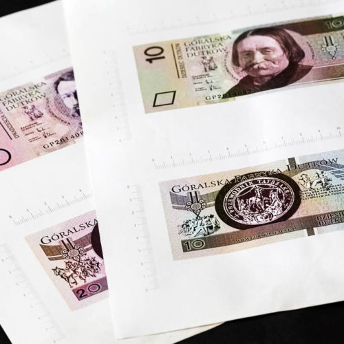 Projekt graficzny góralskich banknotów reklamowych